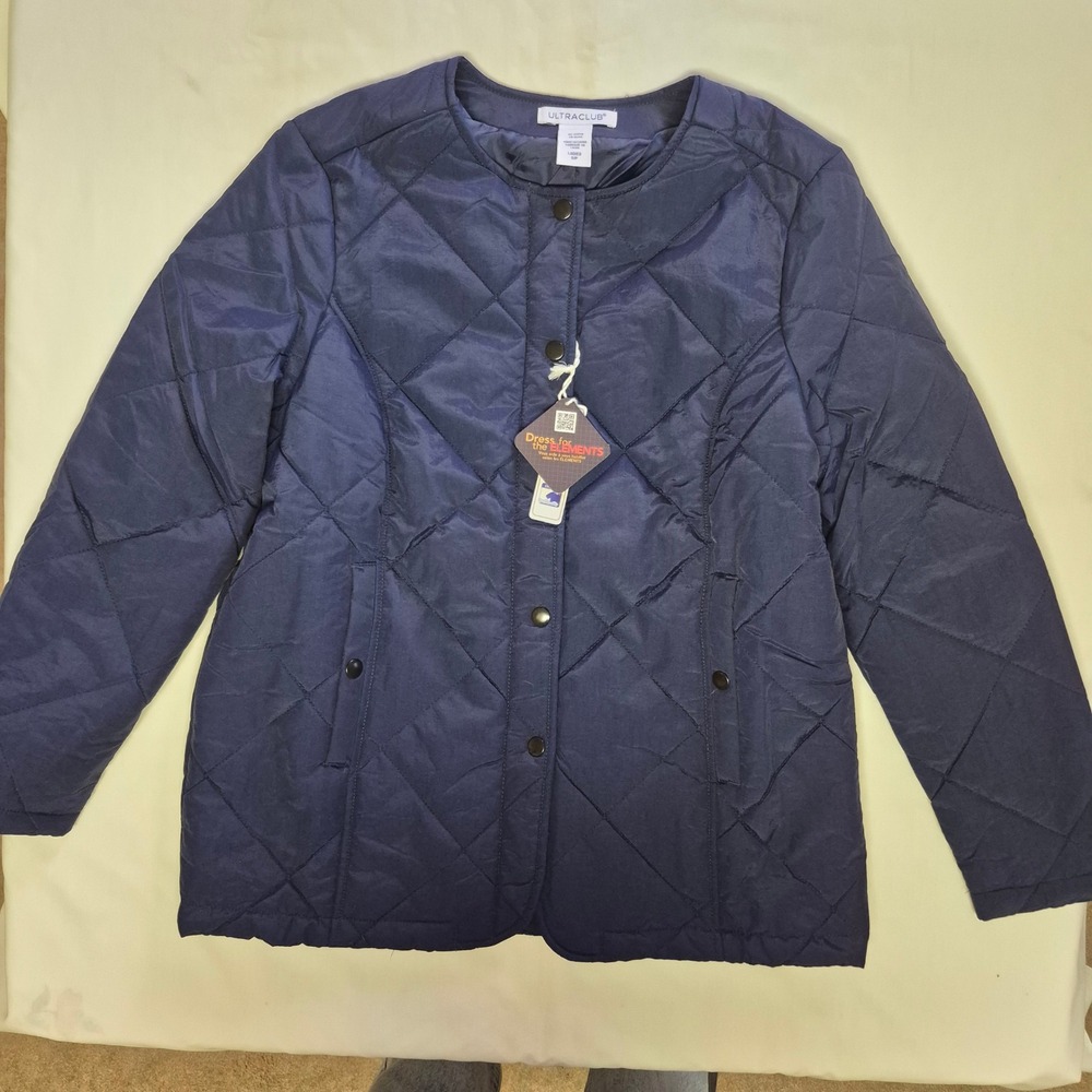 UltraClub Womens Navy Blue Quilted Snap Front Lightweight Barn Jacket Small NWT